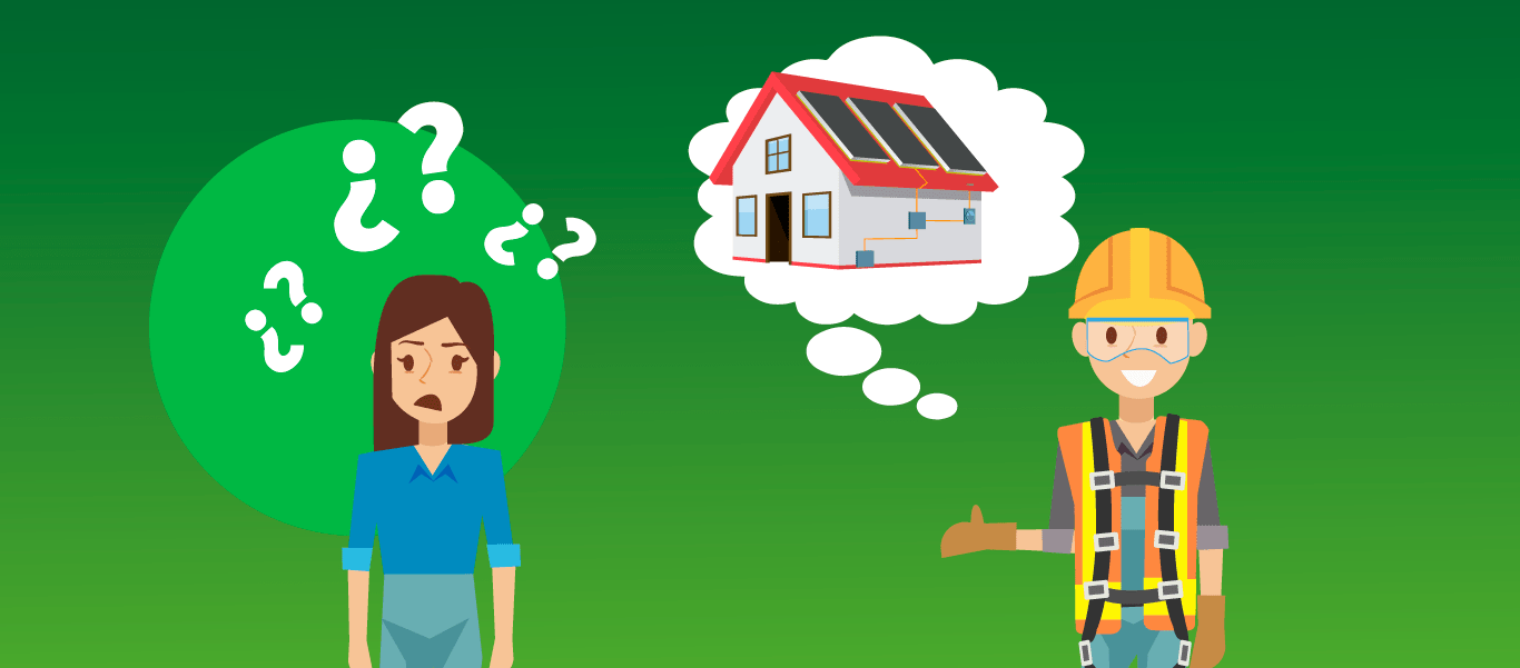 Ilustración de dos personas: un cliente y un instalador de paneles solares, seguro de que tiene la respuesta ante la solicitud del panel solar