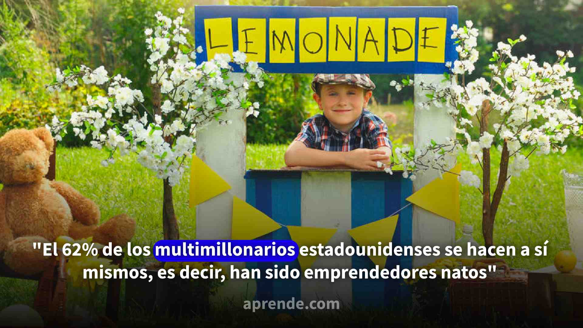 Niño con un puesto de limonadas en un jardín
