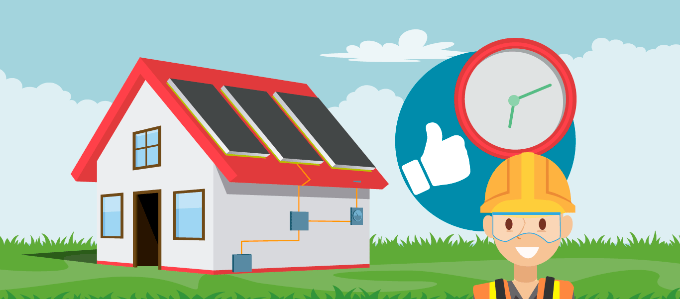 ilustración decorativa de un instalador de panel solar frente a una casa con paneles solares