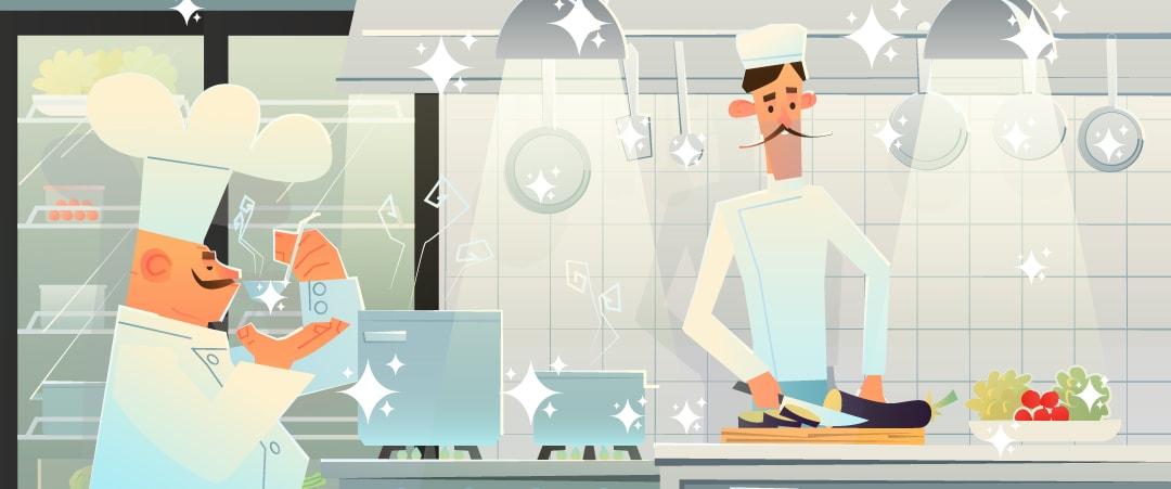 ilustracion con dos chefs y una cocina de restaurante limpia