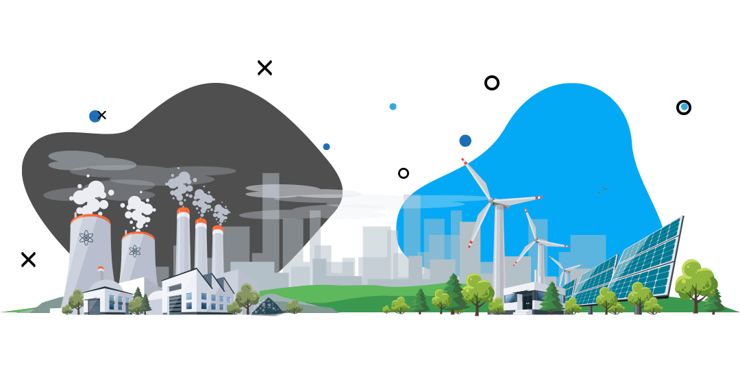 Dos ilustraciones, una de fábricas contaminando el medio ambiente, y otra de molinos de viento con aire limpio