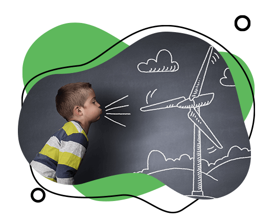 imagen de un niño soplando un molino de viento pintado en un muro