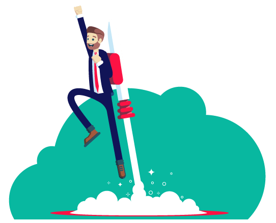 ilustración de un hombre saltando con un cohete