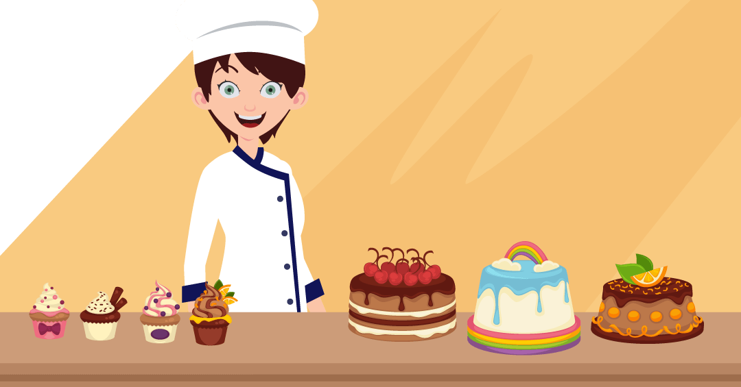 chef mujer con pasteles sonriendo