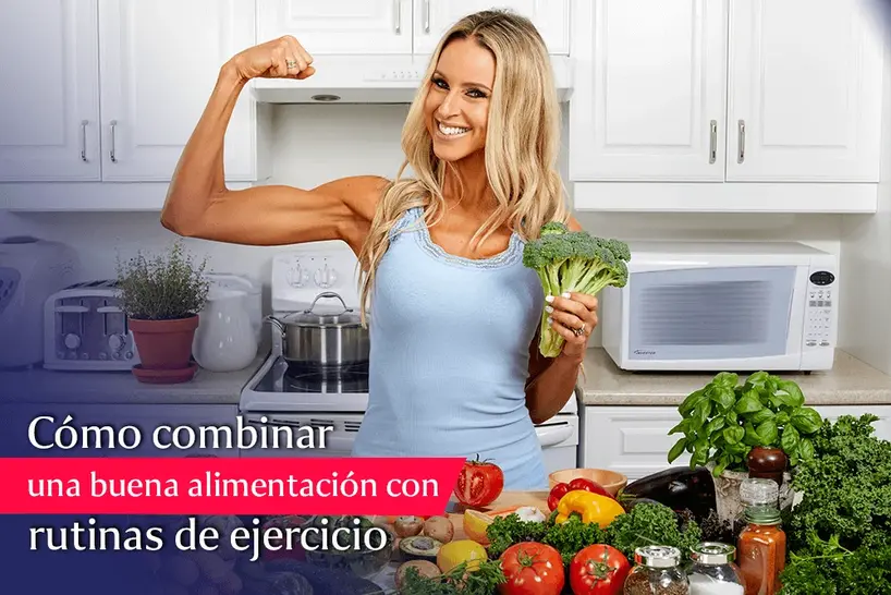 mujer haciendo fuerza junto a una mesa de verduras