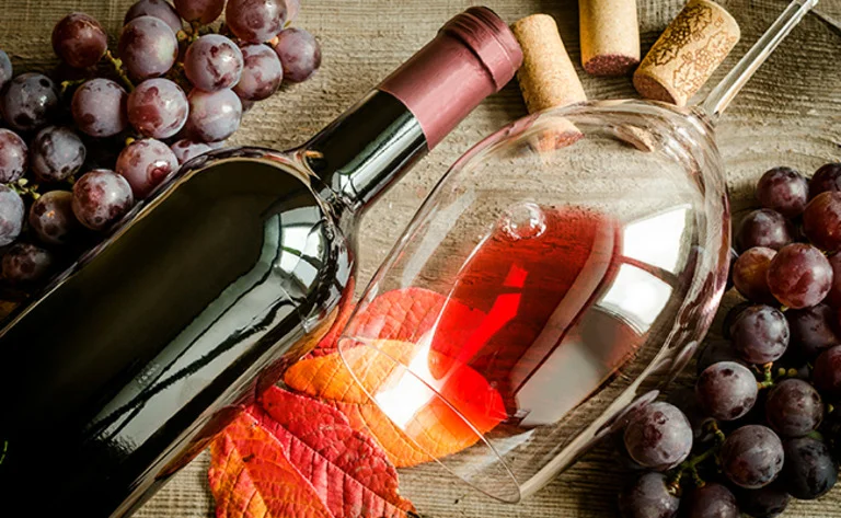 botella de vino junto a copa y ramo de uvas
