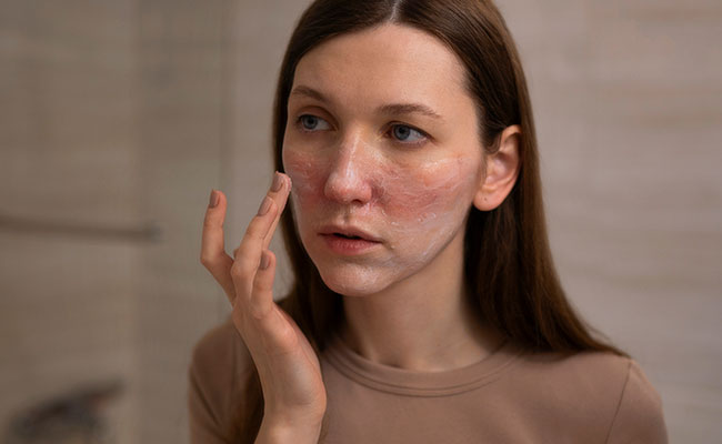 Mujer aplicándose productos sobre una piel visiblemente sensible