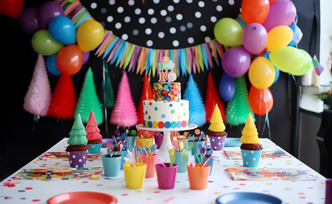 mesa dulce de un cumpleaños infantil con globos de colores