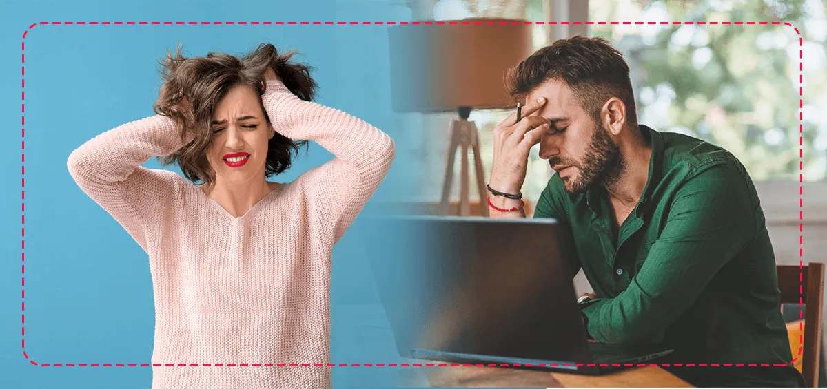hombre mirando la pantalla de una computadora angustiado y mujer tomándose de la cabeza
