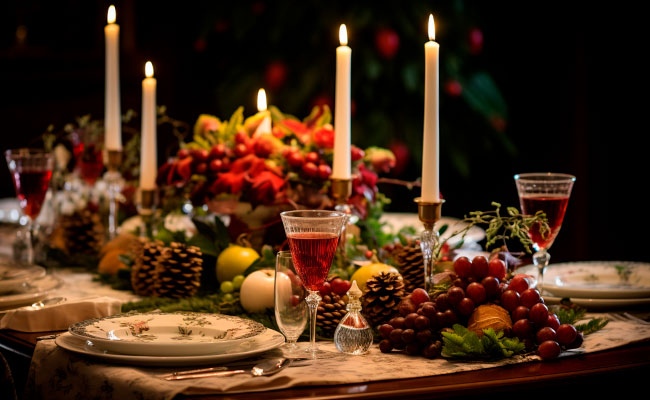 mesa navideña servida y decorada con velas