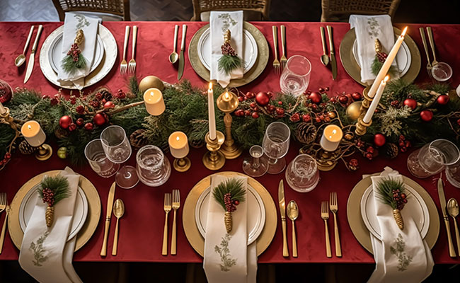 mesa decorada con motivos navideños y presentación de platos tipicos
